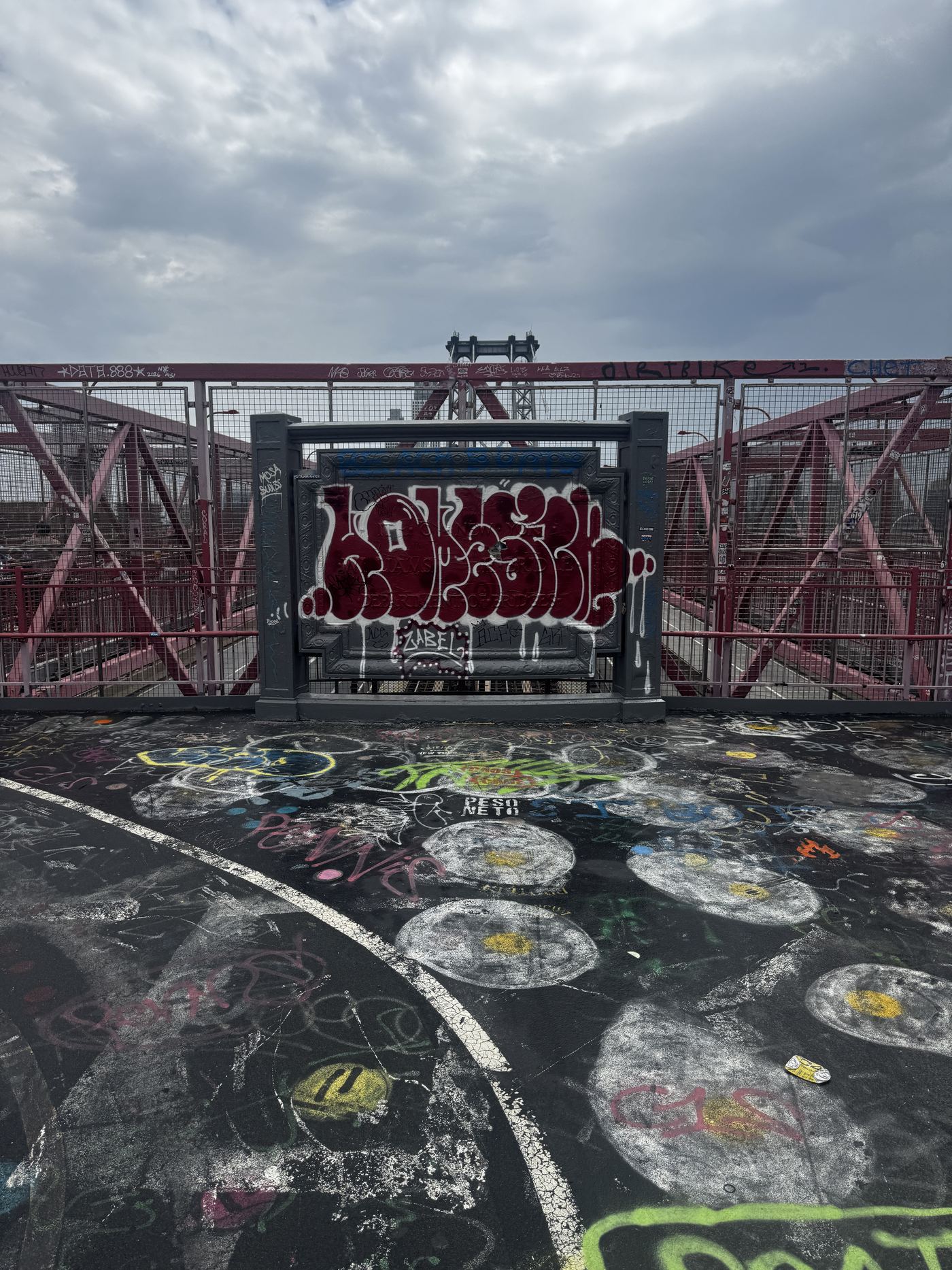 The exact shoot spot on the Williamsburg Bridge walkway, graffiti alcove with the tower behind it